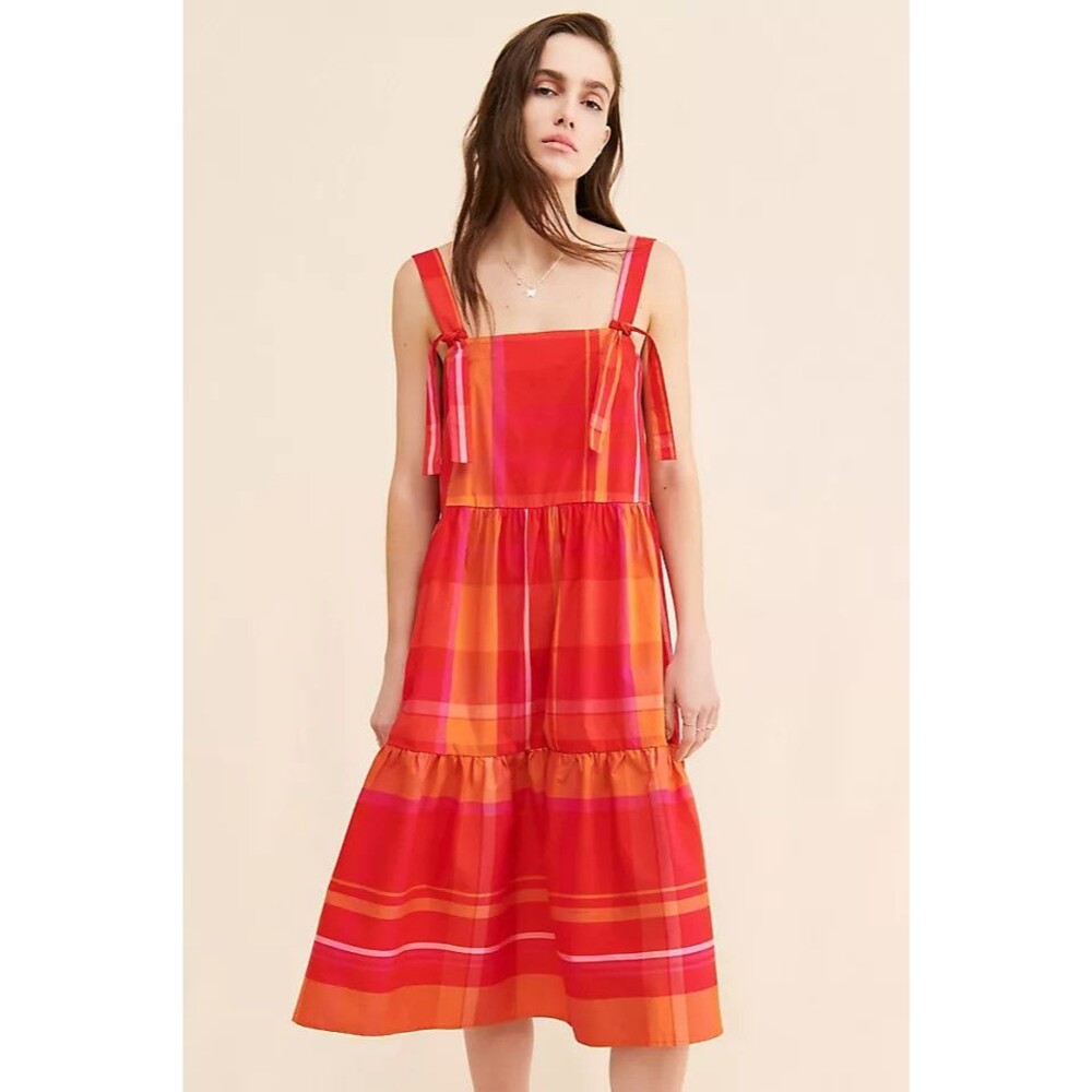 Corey Lynn Calter Nova Plaid Dress Small Red Tiered Midi Sundress Square Neck